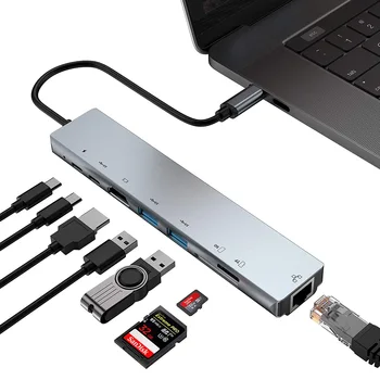 100Mbps 8 1 HUB Alumínium Ötvözet USB-C Hub 4K 30HZ HD USB 3.0 Adapter Hordozható Laptop PD Töltés SD &TF Kártya Olvasó RJ45
