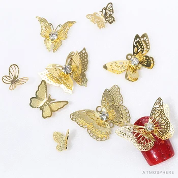 10db Arany Pillangó Köröm Strassz Dekoráció 3D Ultravékony Üreges Pillangók Réz Pelyhek, Fém Kiegészítők Manikűr