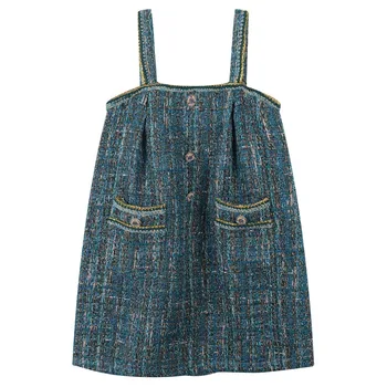 2020-as nyári nők vintage ujjatlan spagetti pánt ruha márka tervezője kockás laza tweed mini ruhák JC492