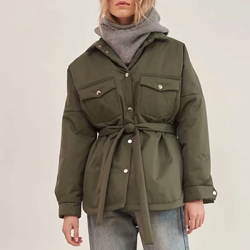 2021 Nők Őszi Téli Vastag Meleg Kabát Kabát Divat A Biztonsági Öv Zsebében Hadsereg Zöld Zubbonyok Túlméretezett Egysoros Outwear