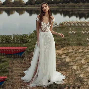 2022 Bohém Esküvői Ruhák A Váll 3D Virágos Csipke Appliqués Menyasszonyi Ruha Elvágta Kert Esküvői Ruha vestido de noiva