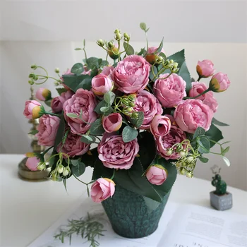 35 CM-es Rose Mesterséges Bazsarózsa Selyem Virág Csokor, Esküvői Buli Otthon Karácsonyi Dekoráció Lila Hamis Préselt Virágok