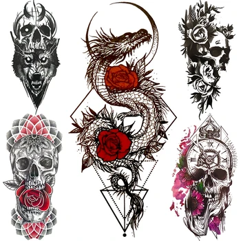 3D Csontváz Hamis Ideiglenes Tetoválás A Nők, a Férfiak a Halál koponya Sárkány Tetoválás Geometriai Rose Kreatív Vízálló Tetkóimat Mellkas Derék