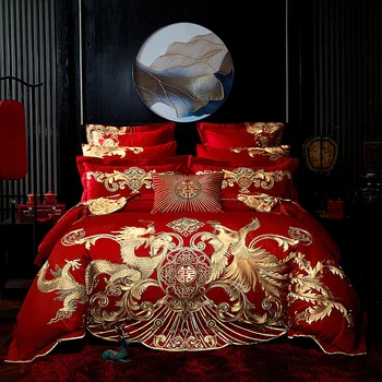 4/6/8pc Luxus Arany Loong Phoenix Hímzett Kínai Esküvői Piros 100% Pamut ágyneműgarnitúra Lepedő paplanhuzat Párnahuzat Ágynemű