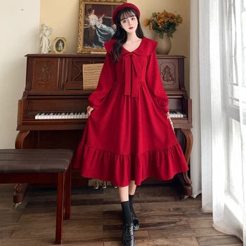 4XL plus size nők elegáns parti francia női ruha őszi téli 2021 hosszú ujjú íj piros laza női ruhák vestido
