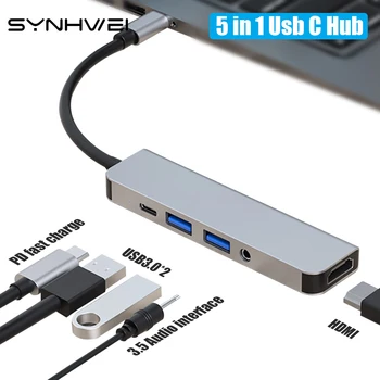 5 az 1-ben USB-C Hub Laptop Adapter HDMI 4K PD Díj 5 Port Dokkoló Állomás, 3,5 MM-es AUX PC, Számítógép, Notebook C-Típusú Splitter