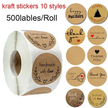 500 Címkék per roll Kerek Természetes Kraft Köszönöm Matrica pecsét labes Hand Made With Love Matrica, Papír, Írószerek matrica