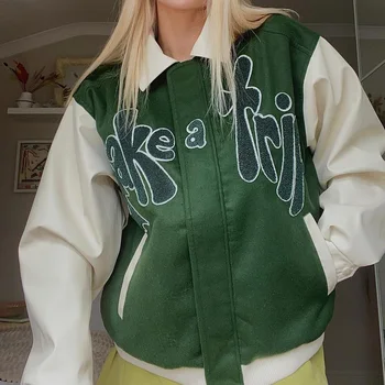 A nők Laza Zip Fel Baseball Kabátok,2021 Őszi Egyetemi Hiphop Streetwear Alkalmi Hosszú Ujjú Levelet Hímzett Kabát Zsebekkel