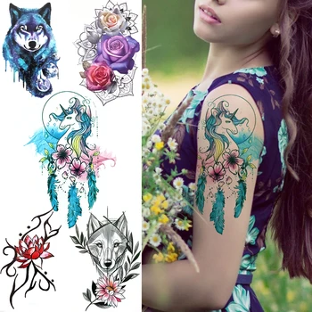 Akvarell Kawaii Egyszarvú Tetoválás Matrica Fantasy Toll Ideiglenes Tetoválás A Nők 3D-s Szép Virág Öntapadó Hamis Tetkó