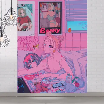 Aranyos Room Decor Anime Rózsaszín Gobelin Lány Divat Aranyos Stílusú Lakberendezés Nappali Falán Lóg Hátteret, Esztétikus Dekoráció