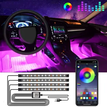 Automatikus LED RGB Autó Belső Légkör, Világos Szalag Lámpa Vezeték nélküli Vezérlő Láb Lámpa USB 48LED Egy Négy APP Verzió