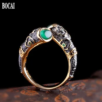 BOCAI Új Valódi S925 Tiszta ezüst ékszerek, zöld achát gyűrű Nőt égetett kék epoxi nő gyűrű