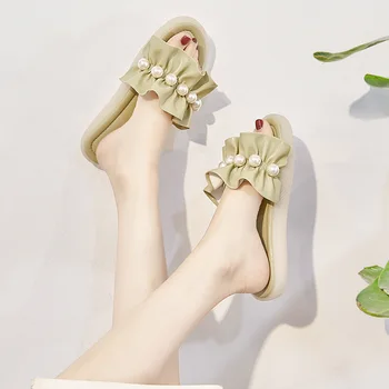 Bőr papucs a nők számára a nyári 2021 új web híresség forró stílus gyöngy szandált hordanak ín puha strand cipő