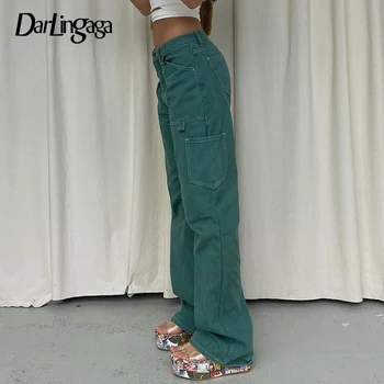 Darlingaga Streetwear Vintage Zöld, Magas Derék Farmer, Egyenes Nadrág 2000-es évek Esztétikai Zsebbel Alkalmi Farmert Bő Szilárd