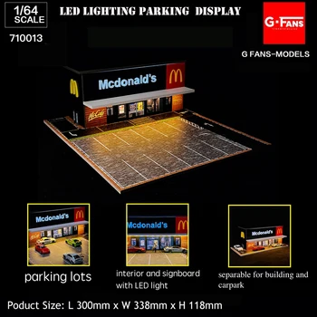 Diorama 1:64-es Modell Autó, gyorsétterem, Parkoló, LED Világítás Jármű Kijelző Gyűjtemény
