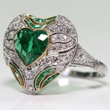 Divat-Luxus zöld Szív Kristály Smaragd Drágakő Berakással Cirkon gyűrű a férfiak Temperamentum Gyémánt női Ékszerek