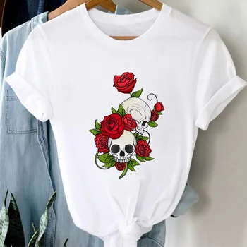 Divat, Női póló, Nyári Koponya virág Nyomtatás Tee Női Felsők Fehér Rövid ujjú Tshirt streetwear harajuku Nők Tshirts