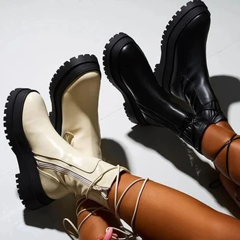 Divat-Őszi Hölgyek A Közepén Borjú Martin Bakancs Pu Bőr Női Cipő Cipzáras Csizma Platform Zapatos De Mujer
