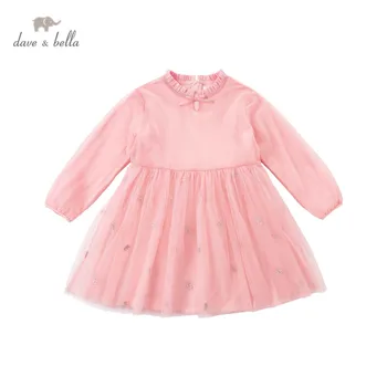 DKY17161-2 dave bella tavaszi lány 5Y-13Y divat íj virágos hímzett ruha, gyermekek édes ruha gyerek csecsemő lolita ruhák
