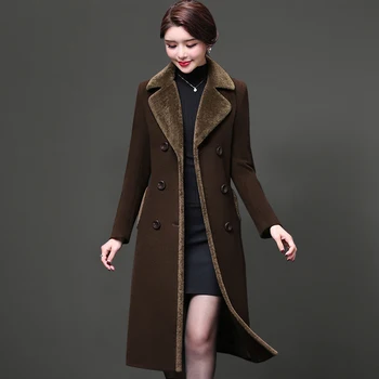 Dupla Soros Gyapjú Kabát Őszi Téli Női Gyapjú Plus Size Kabát Középkorú Nők Gyapjú Kendővel Felsőruházat Vékony, Hosszú Parker