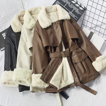 eather ruhákat, téli 2021 új koreai Pu bunda, egy darabból szőrme gallér csipke Plüss kabát divat motoros ruha, női kabát