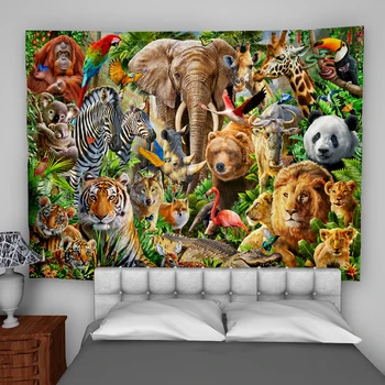 Erdei Állat Világ Gobelin Tigris, Oroszlán, Elefánt, Szarvas Koala, Panda Trópusi Esőerdő Falra Kárpit Hálószoba Jóga