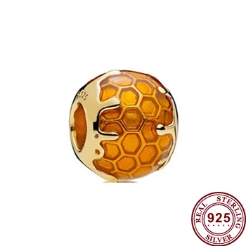 Eredeti 925 Sterling Ezüst Gyöngy Új Arany Honeycomb Gyöngyök Illik Pandora Női Karkötő & Nyaklánc Diy Ékszerek