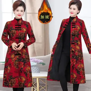 Etnikai stílus Nők anyja téli Csat középkorú hölgyek Kínai stílusú pamut, bélelt kabát hímzett Outwear Kabátok, Trench