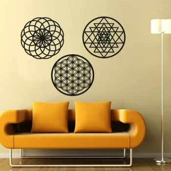 Fa Wall Art Dekor Virág az Élet Torus Sri Yantra Szent Geometria Gyönyörű Trio Szett Fekete Home Office Nappali dekoráció