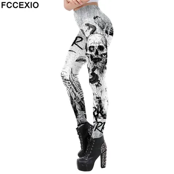 FCCEXIO Punk Rock Koponya 3D Nyomtatás Halloween Szűk Nadrágot Sport Női Fitness Szexi, Vékony Leggins Pant Női Fél Hosszú Nadrág