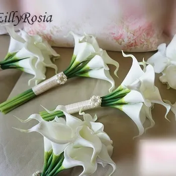 Fehér Cala Lily Koszorúslány Csokor, Igazi Érintse meg Kézzel Készített Színes, Kezében Virágot Bohém Esküvői Csokor virág artificielle