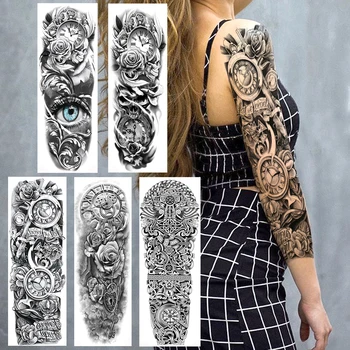 Fekete Teljes Kar Hamis Ideiglenes Tetoválás A Nők a Férfiak Vázlat Rose Óra Tetoválás Matrica Vízálló, Valósághű 3D-s Szem Tetkóimat Body Art