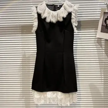 Francia stílusú nyári elegáns csipke-varrás fekete ruha, mellény a nők o nyakú, ujjatlan party ruha