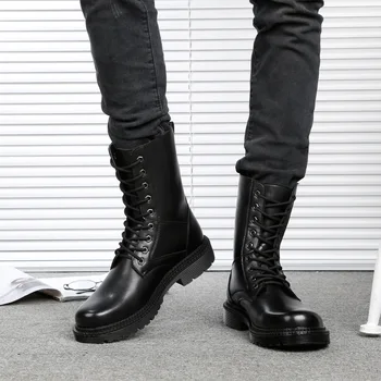 férfi alkalmi motoros csizma fekete tehén bőr cipő magas felső katonai bakancs lace-up platform botas masculinas zapatos de hombre