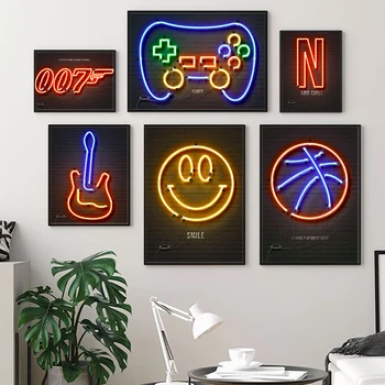 Gamer Neon Light Plakát Retro Audio Vászon Festmény Gitár Neon Art Print Kosárlabda Falikép Nappali Lakberendezés