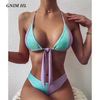 GNIM Szexi Patchwork Bikini Megállapított 2020-As Nyári Háromszög Fürdőruha Női Pántos Kötést Brazil Fürdőruha Női Két Darab Biquini