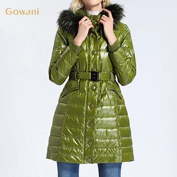 Gowani Gömbhal Kabát Női Téli Zöld Valódi Szőrme Gallér Kacsa Kabát
