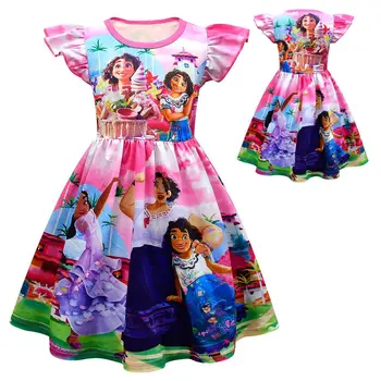 Gyermek Ruházat Disney Encanto Ruha Lányoknak Nyakkendő Festék Kerek Nyak Rajzfilm Minta Fodros Ujjú Egy-line Gyerek Ruhák