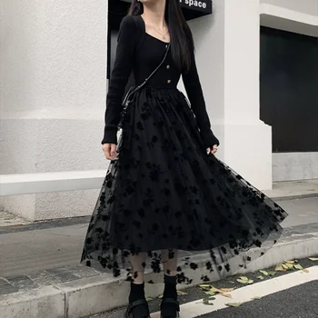 Gótikus Fekete Ruha Női Alkalmi Vintage Kötött Midi Ruha Fél Elegáns 2021 Téli Y2k Egy Darab Ruha Koreai Divat Outwear