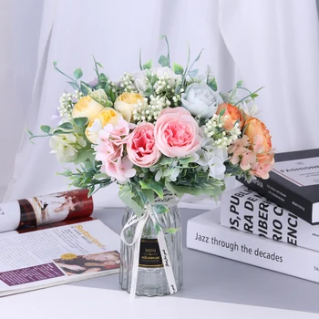 Hamis virágok, Rózsa, Bazsarózsa Csokor, Rózsaszín Selyem fél Mesterséges Virág, 3 Nagy Fej 1 Hortenzia Menyasszony Otthon esküvői dekoráció virág