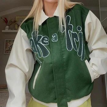 Harajuku Túlméretezett Női Baseball Dzseki Téli 2021 Vintage Kapcsolja Le A Gallér Levelet Hímzés Streetwear Alkalmi Cipzár Kabát