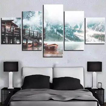 Havas Táj, keret nélküli, Modern Dekorációs Plakát Téli Tó Hajó 5db Vászon Hd Nyomtatás Otthoni Dekorációs falfestés
