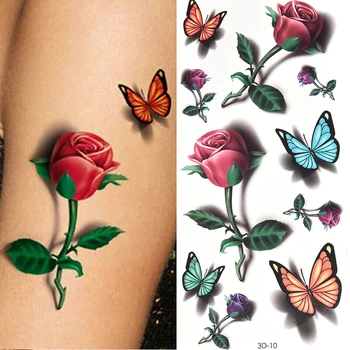 Ideiglenes Tetoválás Matrica Női Body Art Tetoválás Matrica 3D Pillangó Rózsa Virág Toll Tetoválás Vízálló Ajándék Halloween