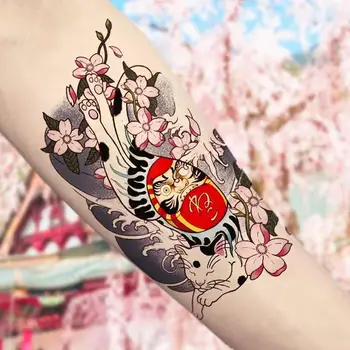 Japán Macska Ideiglenes Tetoválás Matricák Női Tartós Cseresznyevirág Művészeti Hamis Tetoválás Vízálló Antik Gésa Tetoválás Matricák