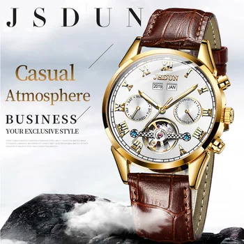 JSDUN Férfiak legnépszerűbb márka a luxus sport üreges lendkerék self-tekercselés nézni Igazi leathe alkalmi vízálló mechanikus óra 21 gyémánt