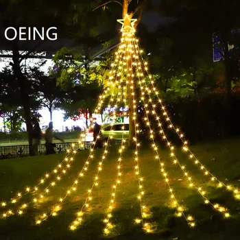 Karácsonyi LED Csillagos Vízesés Tündér String Lámpa Napelemes Kerti Esküvő Garland Lámpa karácsonyfa Díszítés Lóg Csillagos Fények