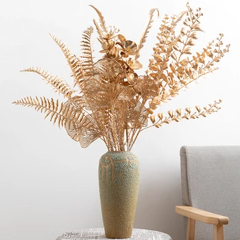 Karácsonyi Mesterséges Arany Ginkgo Eukaliptusz Holly Műanyag Növények Haza DIY Esküvői Csokor Virág Fal Dekorációs Kellékek