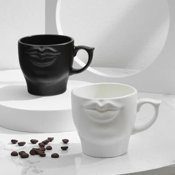 Kerámia Aranyos Bögrék Poharat 3D Ajkak, Száj, Fehér, Fekete, Kézzel készített Porcelán Teás Csésze Tej Drinkware Különleges Ajándék Újdonság