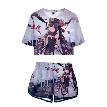 Klasszikus Genshin Hatása Hu Tao 3D Nyomtatás póló nadrág Nadrág Harmat köldök Rövid Ujjú Ruhák Gyönyörű Lányok Szexi Két Darab szett