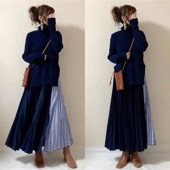 Koreai, Egy Darabban Kötött Ruha Női Garbó Hosszú Ujjú Téli Japán Hölgyek Streetwear Alkalmi Őszi Pacthwork Maxi Ruha